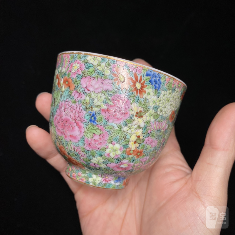 清嘉庆 粉彩百花不落地杯（一对） - 图16